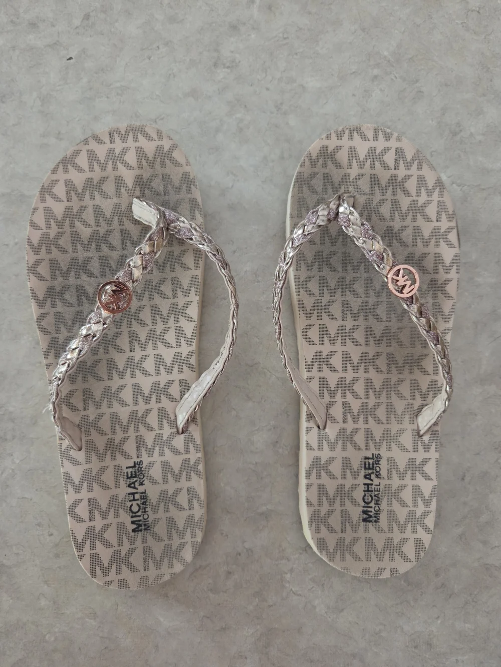 Michael Kors Beige/Pink Braided Logo Flip Flops